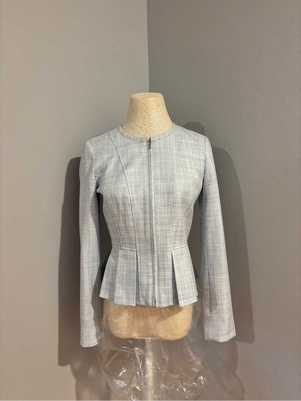 White House Black Market Light Gray Plaid Peplum Zip Jacket